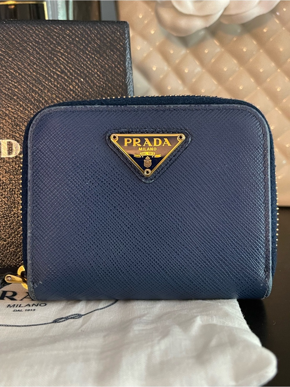 Prada Navy Saffiano Zip Coin Wallet with Gold Logo